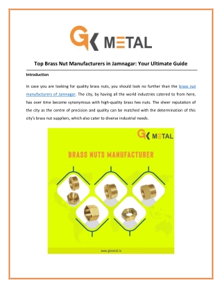 Brass Nut Manufacturer and Supplier in Jamnagar India