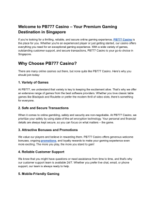 PB777 Casino: Your Ultimate Gaming Experience in Singapore