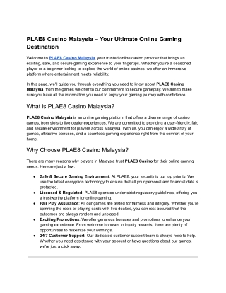 PLAE8 Casino Malaysia - Safe, Secure & Exciting Online Gaming