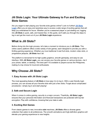 Jili Slots Login: Start Playing Your Favorite Slots Today