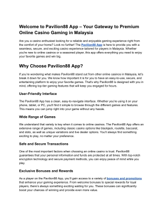 Pavilion88 App – Top Online Casino in Malaysia | Play & Win