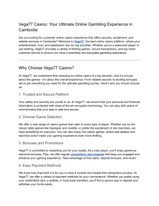 Vega77 Casino – Your Top Online Gambling Destination in Cambodia