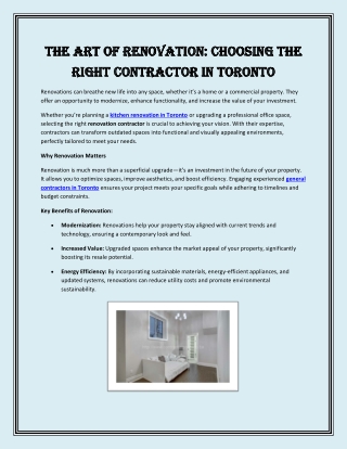 The Art of Renovation Choosing the Right Contractor in Toronto