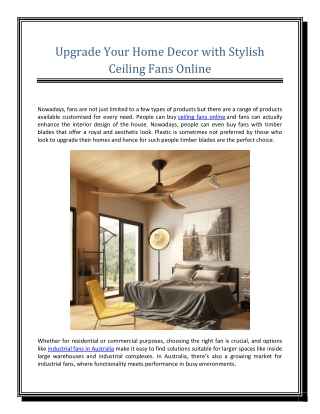 Upgrade Your Home Decor with Stylish Ceiling Fans Online