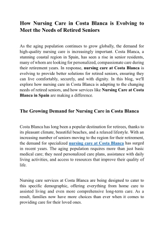 How Nursing Care in Costa Blanca is Evolving to Meet the Needs of Retired Seniors