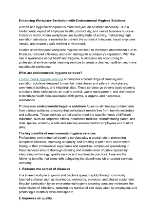 Enhancing Workplace Sanitation with Environmental Hygiene Solutions