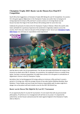 Champions Trophy 2025 Rassie van der Dussen Eyes Final ICC Competition