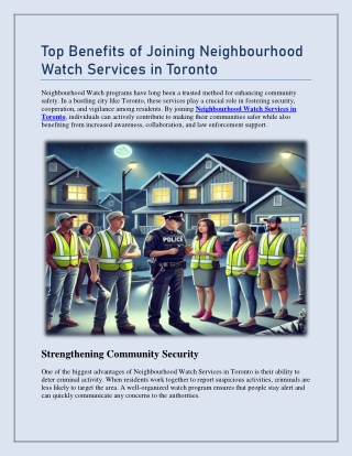 Top Benefits of Joining Neighbourhood Watch Services in Toronto
