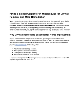Hiring a Skilled Carpenter in Mississauga for Drywall Removal and Mold Remediation