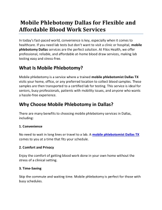 Mobile Phlebotomy Dallas for Flexible and Affordable Blood Work Services