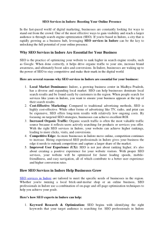 SEO Services in Indore Boosting Your Online Presence