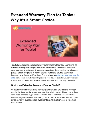 Extended Warranty Plan for Tablet