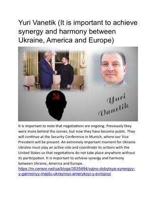 Yuri Vanetik (It is important to achieve synergy and harmony between Ukraine, America and Europe)