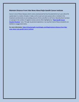 Maintain Distance From Fake News About Rajiv Gandhi Cancer Institute