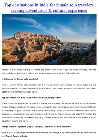 Top destinations in India for female solo travelers seeking adventurous