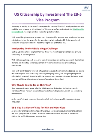 US Citizenship by Investment The EB-5 Visa Program