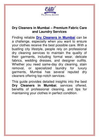 Dry Cleaners in Mumbai  Premium Fabric Care and Laundry Services