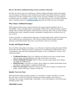 Discover the Finest Artificial Earrings at Zeesy Jewellery in Karachi