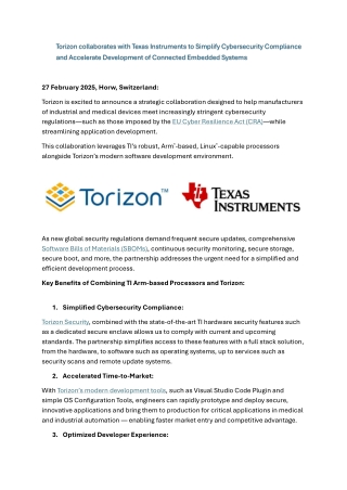 Torizon collaborates with Texas Instruments to Simplify Cybersecurity Compliance and Accelerate Development of Connected