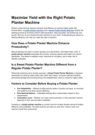 Maximize Yield with the Right Potato Planter Machine