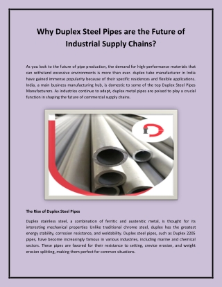 Why Duplex Steel Pipes are the Future of Industrial Supply Chains
