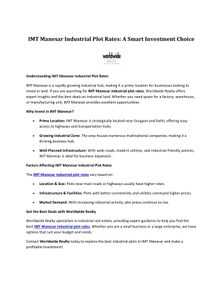 IMT Manesar Industrial Plot Rates - A Smart Investment Choice