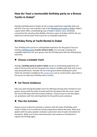 How do I host a memorable birthday party on a Breeze Yachts in Dubai?