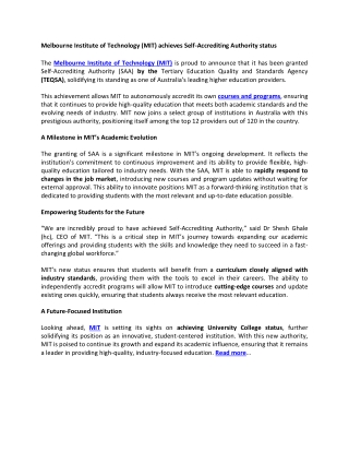 Melbourne Institute of Technology (MIT) achieves Self-Accrediting Authority status