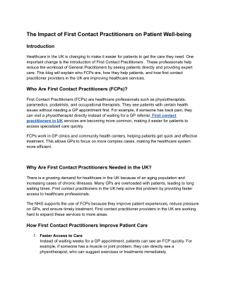 The Impact of First Contact Practitioners on Patient Well-being