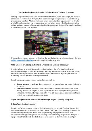 Top Coding Institutes in Gwalior Offering Couple Training Programs