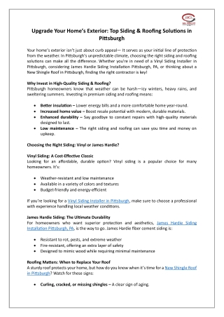 Upgrade Your Home’s Exterior: Top Siding & Roofing Solutions in Pittsburgh