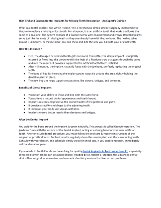 High-End and Custom Dental Implants for Missing Teeth Restoration