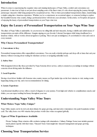 Enjoy the Luxury of Personalized Transportation on Your Napa Wine Tour