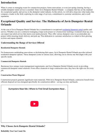 Exceptional Quality and Service: The Hallmarks of Javis Dumpster Rental Orlando