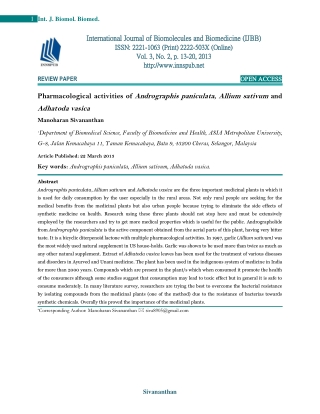 Pharmacological activities of Andrographis paniculata, Allium sativum and Adhato