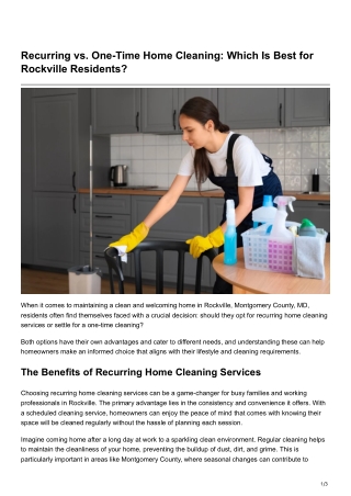 Recurring vs. One-Time Home Cleaning Which Is Best for Rockville Residents