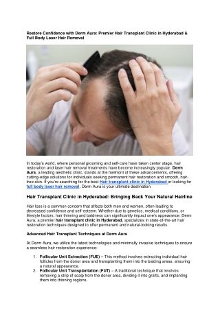 Restore Confidence with Derm Aura Premier Hair Transplant Clinic in Hyderabad & Full Body Laser Hair Removal