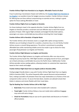 Frontier Airlines Flight from Honolulu to Los Angeles Affordable Travel at Its Best