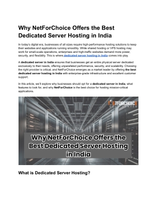 Why NetForChoice Offers the Best Dedicated Server Hosting in India