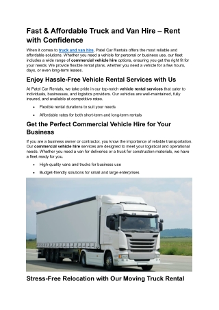 Fast & Affordable Truck and Van Hire – Rent with Confidence