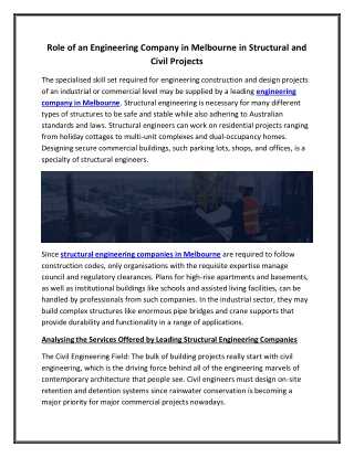 Role of an Engineering Company in Melbourne in Structural and Civil Projects