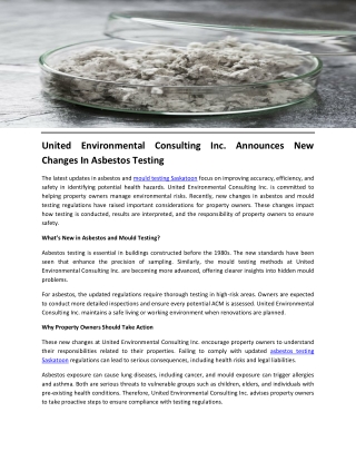 United Environmental Consulting Inc. Announces New Changes In Asbestos Testing