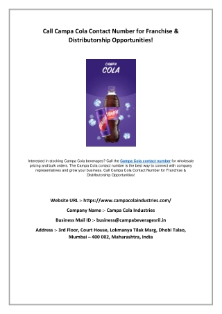Call Campa Cola Contact Number for Franchise & Distributorship Opportunities!