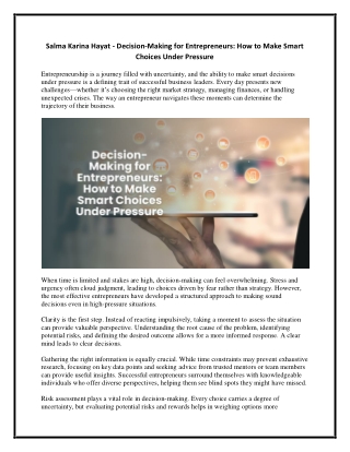 Salma Karina Hayat - Decision-Making for Entrepreneurs - How to Make Smart Choices Under Pressure