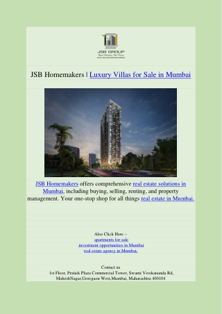 JSB Homemakers  Luxury Villas for Sale in Mumbai