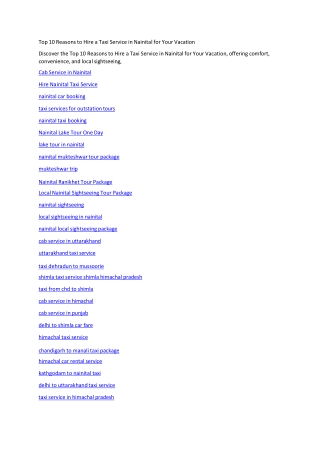 Top 10 Reasons to Hire a Taxi Service in Nainital for Your Vacation