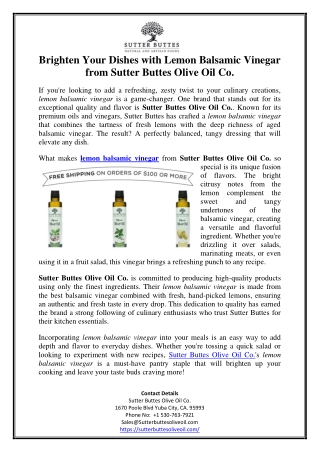 Brighten Your Dishes with Lemon Balsamic Vinegar from Sutter Buttes Olive Oil Co