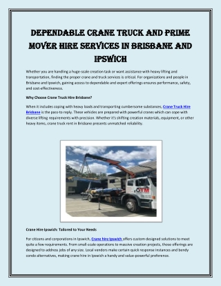 Dependable Crane Truck and Prime Mover Hire Services in Brisbane and Ipswich