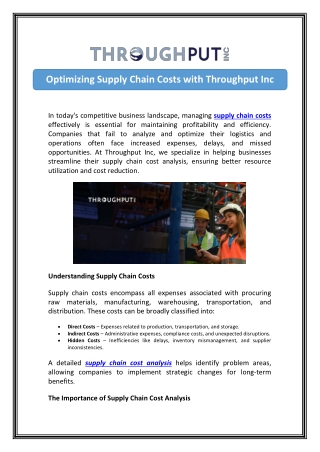 Supply Chain Cost Analysis – Maximize Profits – Throughput Inc.