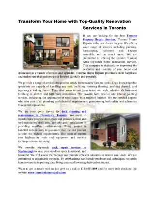 Transform Your Home with Top-Quality Renovation Services in Toronto